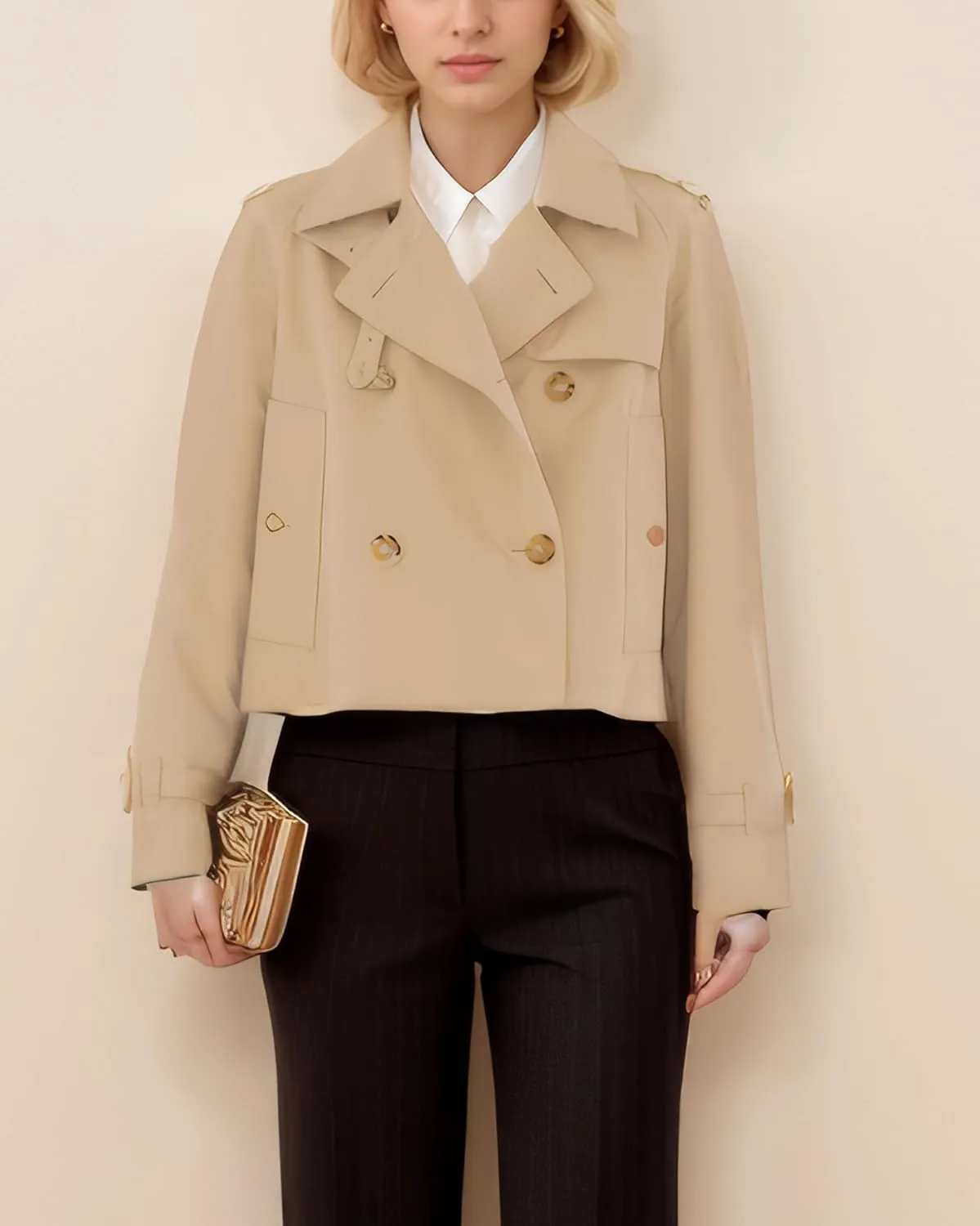 Kedera Cropped Trench Coat for Women Double Breasted Notched Lapel Casual Fall Jackets Loose Short Jacket Belted Cuffs
