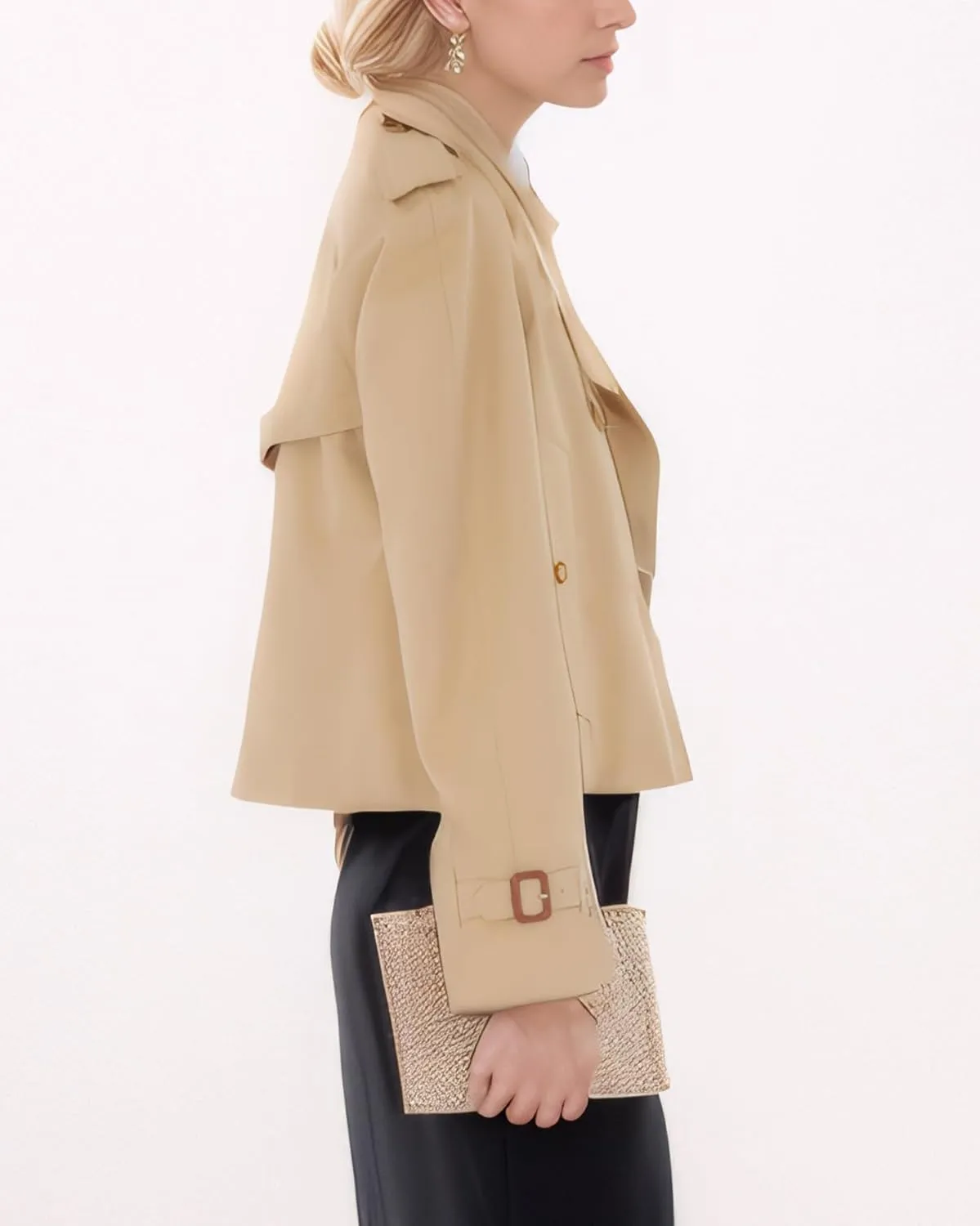 Kedera Cropped Trench Coat for Women Double Breasted Notched Lapel Casual Fall Jackets Loose Short Jacket Belted Cuffs