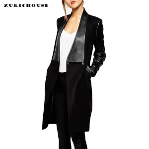 Leather Jackets Sleeve Patchwork Cardigan Women Trench Coat 2019 New Spring Slim Long