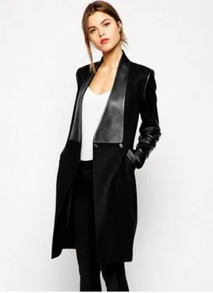 Leather Jackets Sleeve Patchwork Cardigan Women Trench Coat 2019 New Spring Slim Long