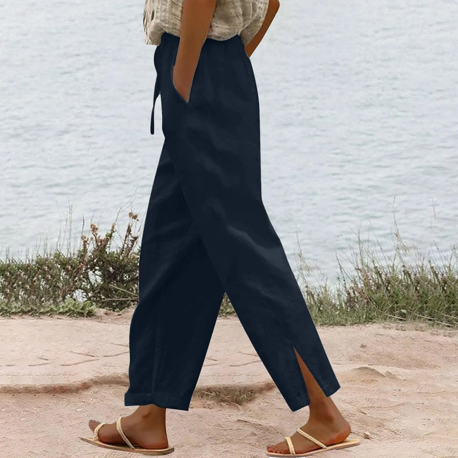 Linen Pants Women Lightweight 2025 Elastic Waist Split Hem Bootcut Pant Loose Fit Solid Color Trousers with Pockets