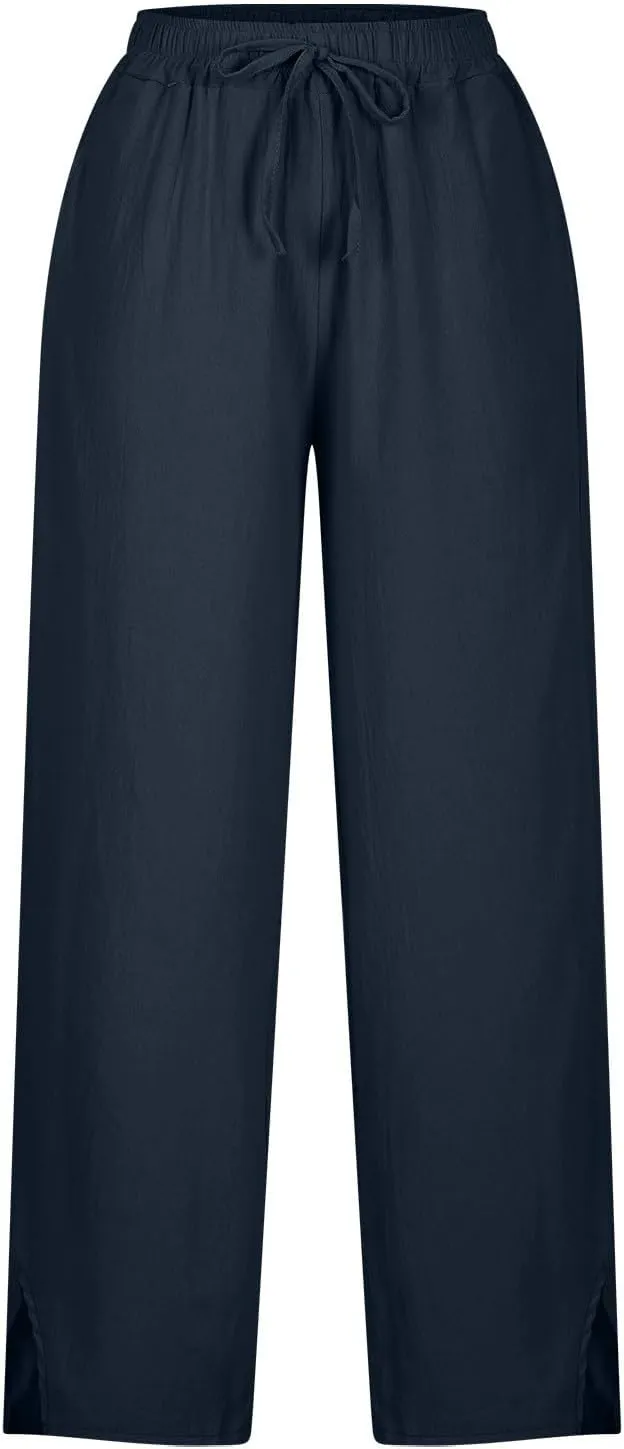 Linen Pants Women Lightweight 2025 Elastic Waist Split Hem Bootcut Pant Loose Fit Solid Color Trousers with Pockets