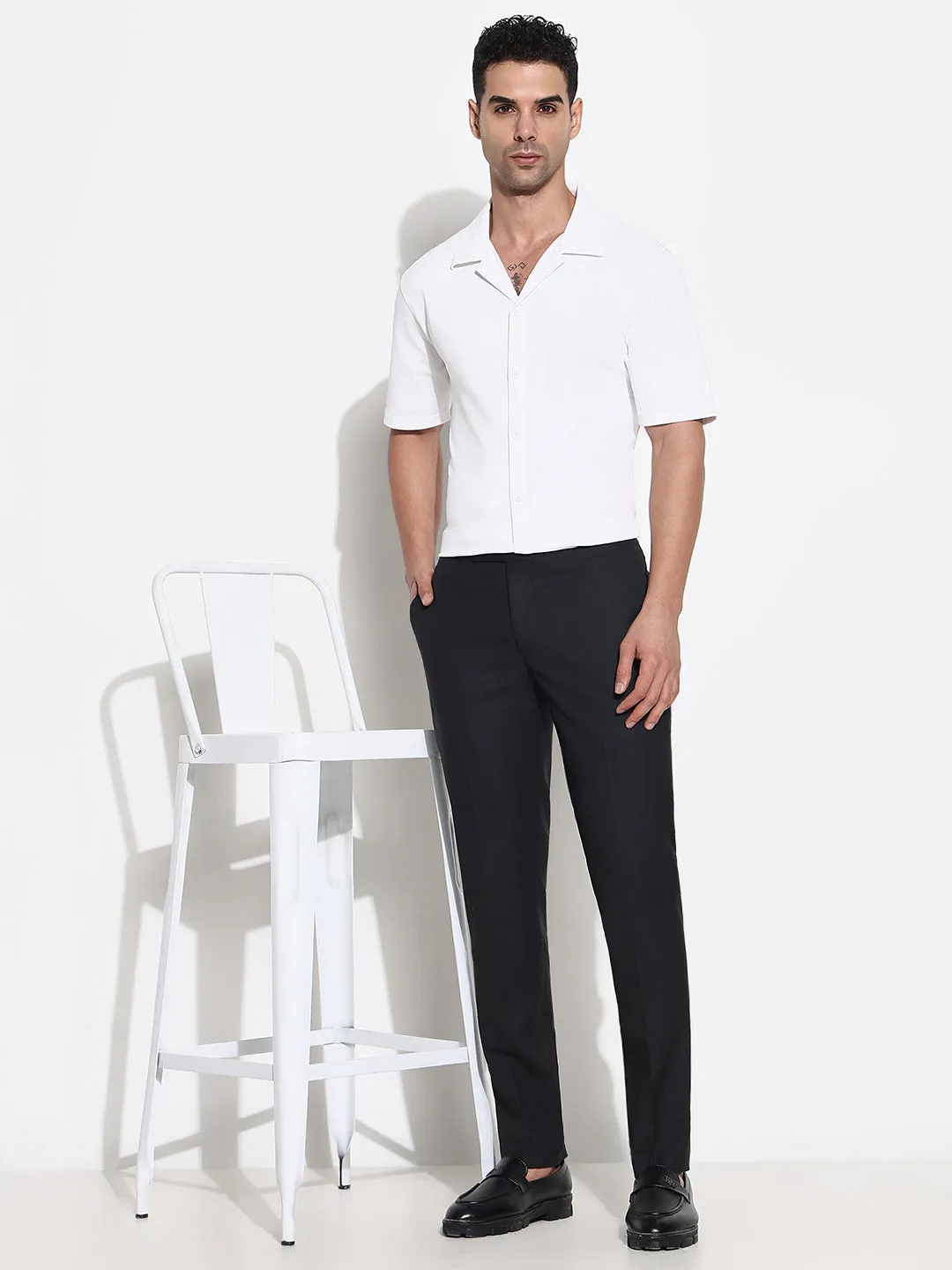 Men Black Solid Low-Rise Formal Trousers