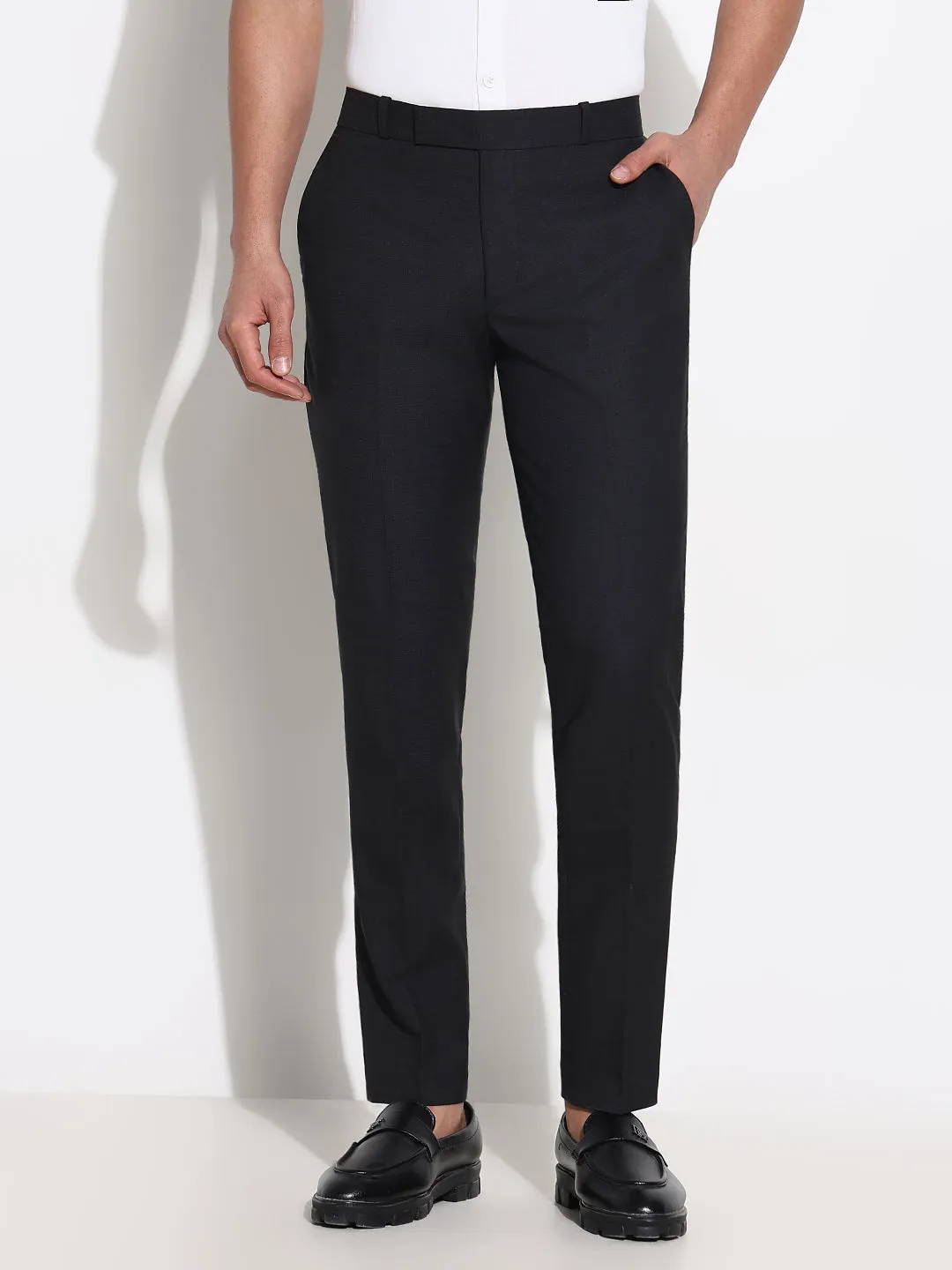 Men Black Solid Low-Rise Formal Trousers