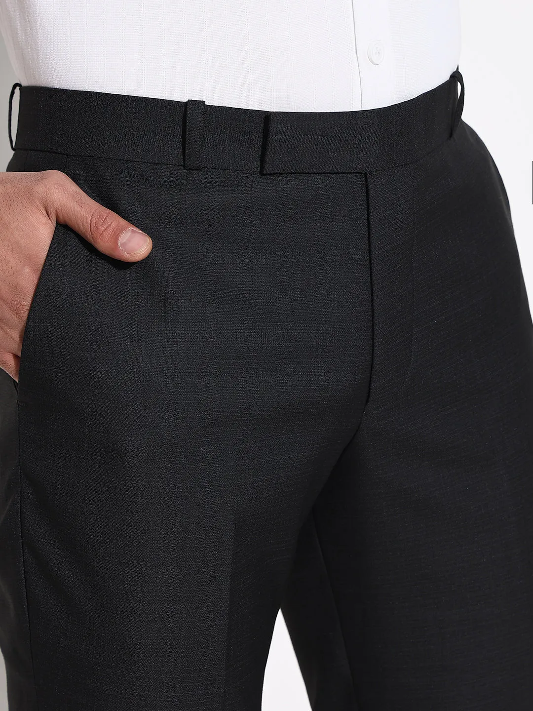 Men Black Solid Low-Rise Formal Trousers