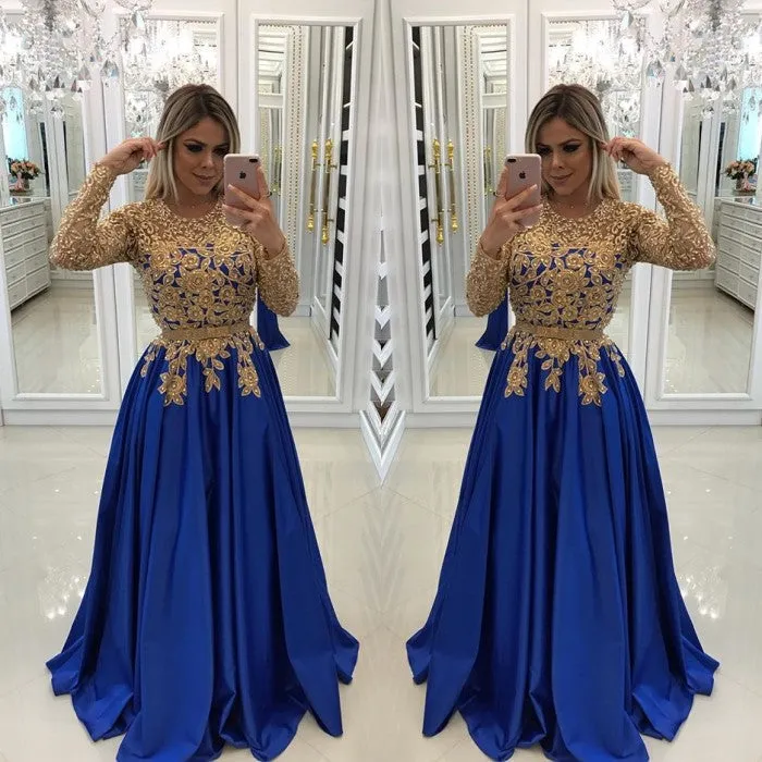 Modern Royal Blue & Gold Lace Evening Dress | Long Sleeve Party Gown BC0144