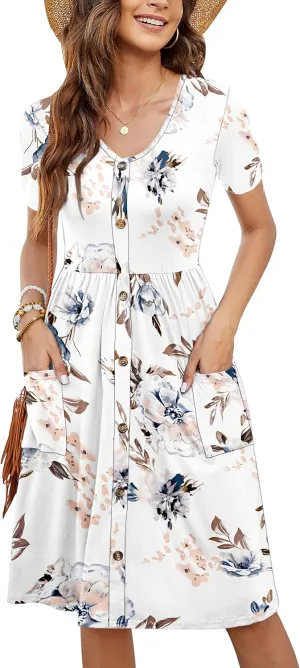 MOLERANI Women Summer Casual Short Sleeve V Neck Dresses Button Down Sundress Beach Vacation with Pockets Travel Outfits
