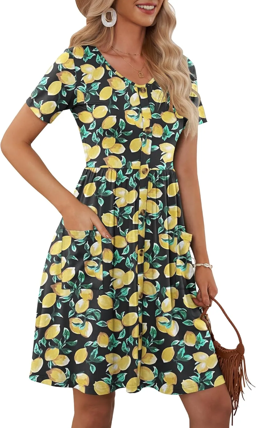 MOLERANI Women Summer Casual Short Sleeve V Neck Dresses Button Down Sundress Beach Vacation with Pockets Travel Outfits