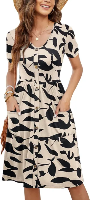 MOLERANI Women Summer Casual Short Sleeve V Neck Dresses Button Down Sundress Beach Vacation with Pockets Travel Outfits