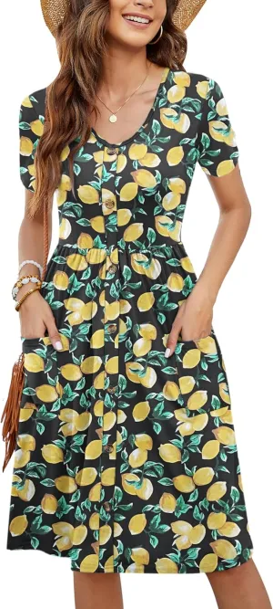 MOLERANI Women Summer Casual Short Sleeve V Neck Dresses Button Down Sundress Beach Vacation with Pockets Travel Outfits
