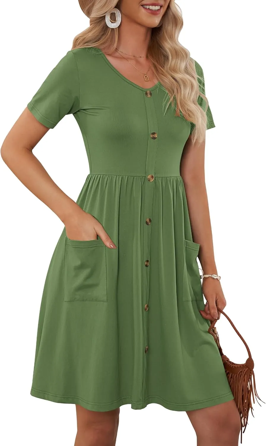 MOLERANI Women Summer Casual Short Sleeve V Neck Dresses Button Down Sundress Beach Vacation with Pockets Travel Outfits