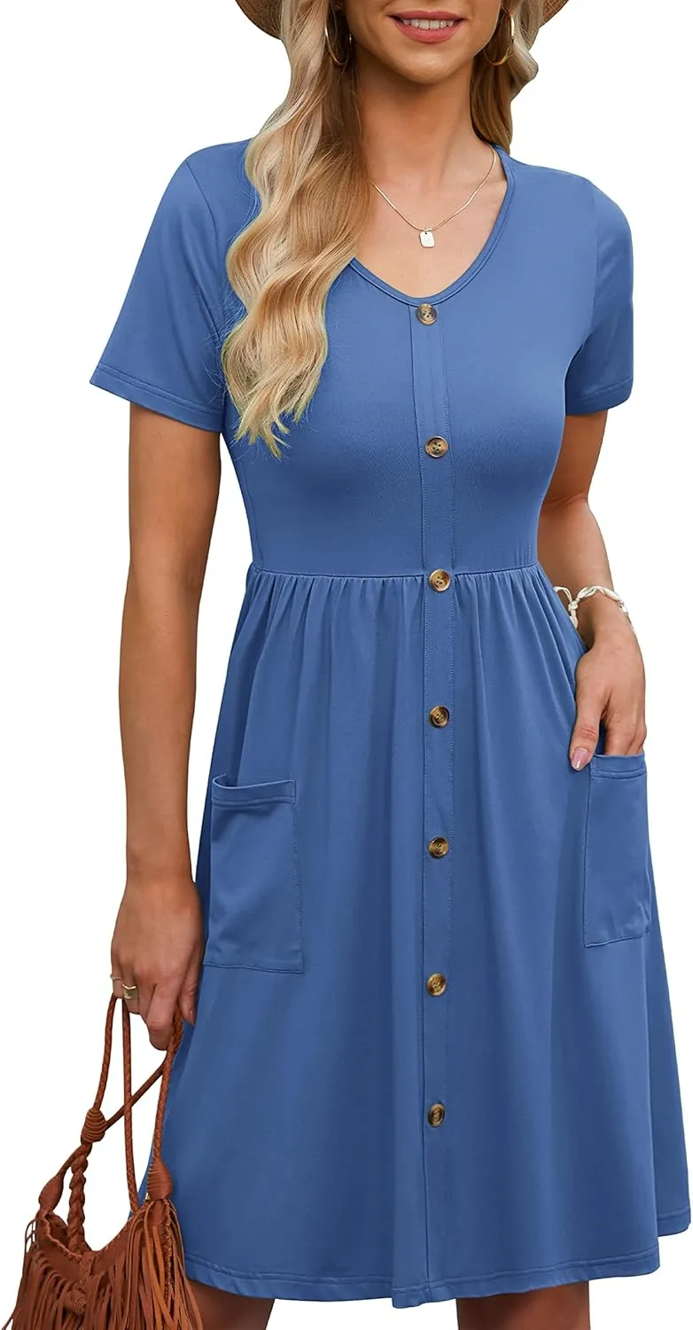 MOLERANI Women Summer Casual Short Sleeve V Neck Dresses Button Down Sundress Beach Vacation with Pockets Travel Outfits