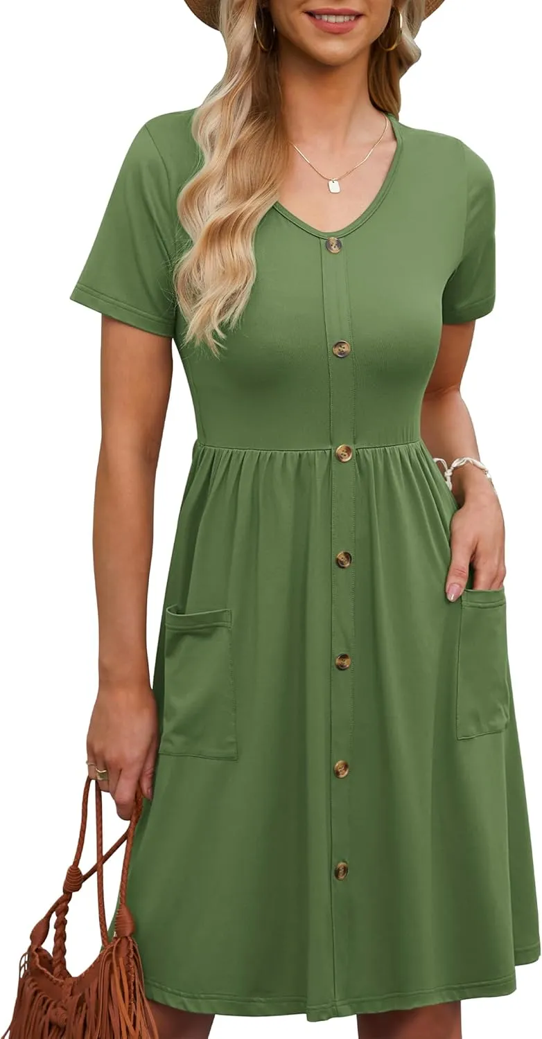 MOLERANI Women Summer Casual Short Sleeve V Neck Dresses Button Down Sundress Beach Vacation with Pockets Travel Outfits