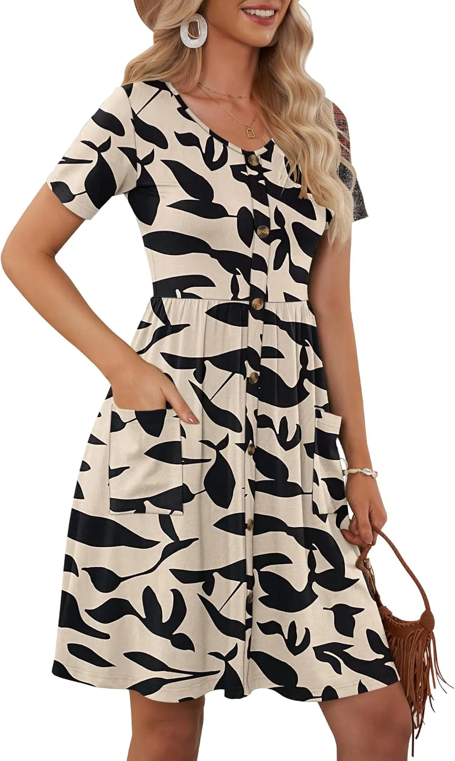 MOLERANI Women Summer Casual Short Sleeve V Neck Dresses Button Down Sundress Beach Vacation with Pockets Travel Outfits