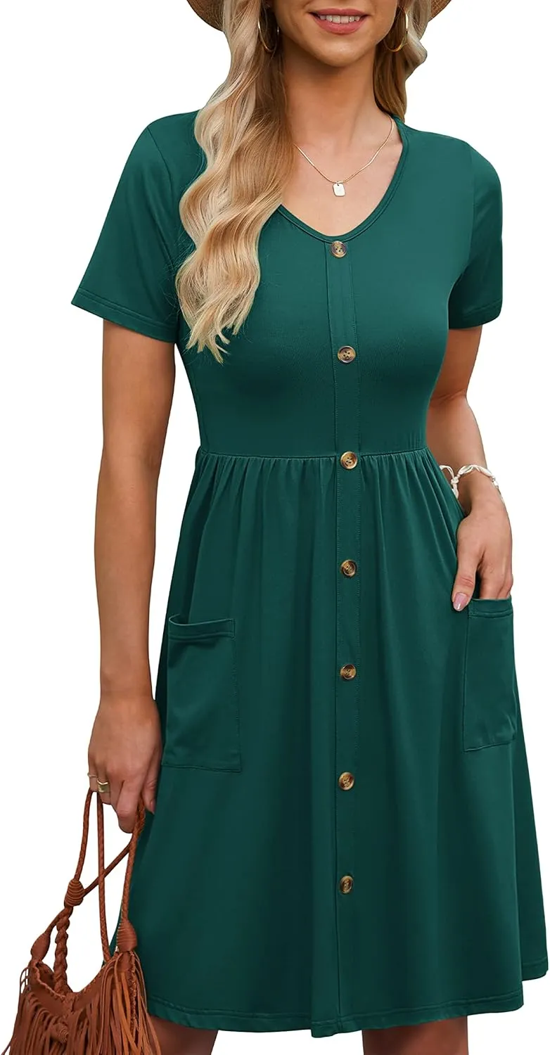 MOLERANI Women Summer Casual Short Sleeve V Neck Dresses Button Down Sundress Beach Vacation with Pockets Travel Outfits