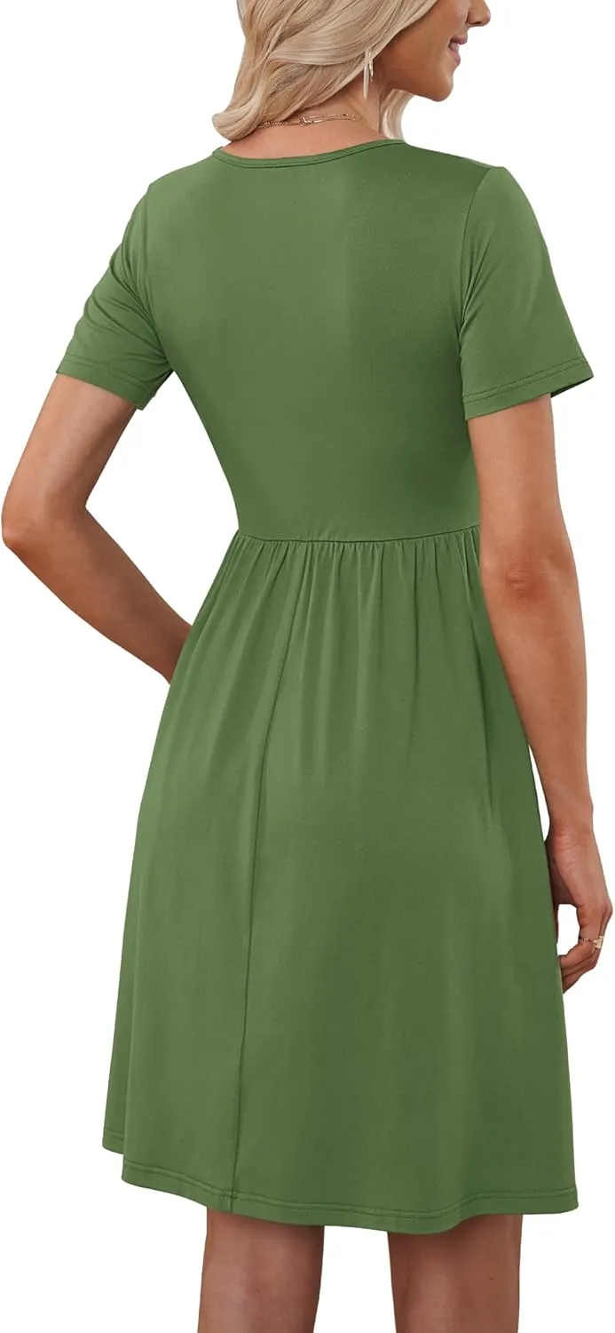 MOLERANI Women Summer Casual Short Sleeve V Neck Dresses Button Down Sundress Beach Vacation with Pockets Travel Outfits