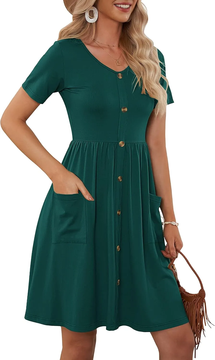 MOLERANI Women Summer Casual Short Sleeve V Neck Dresses Button Down Sundress Beach Vacation with Pockets Travel Outfits