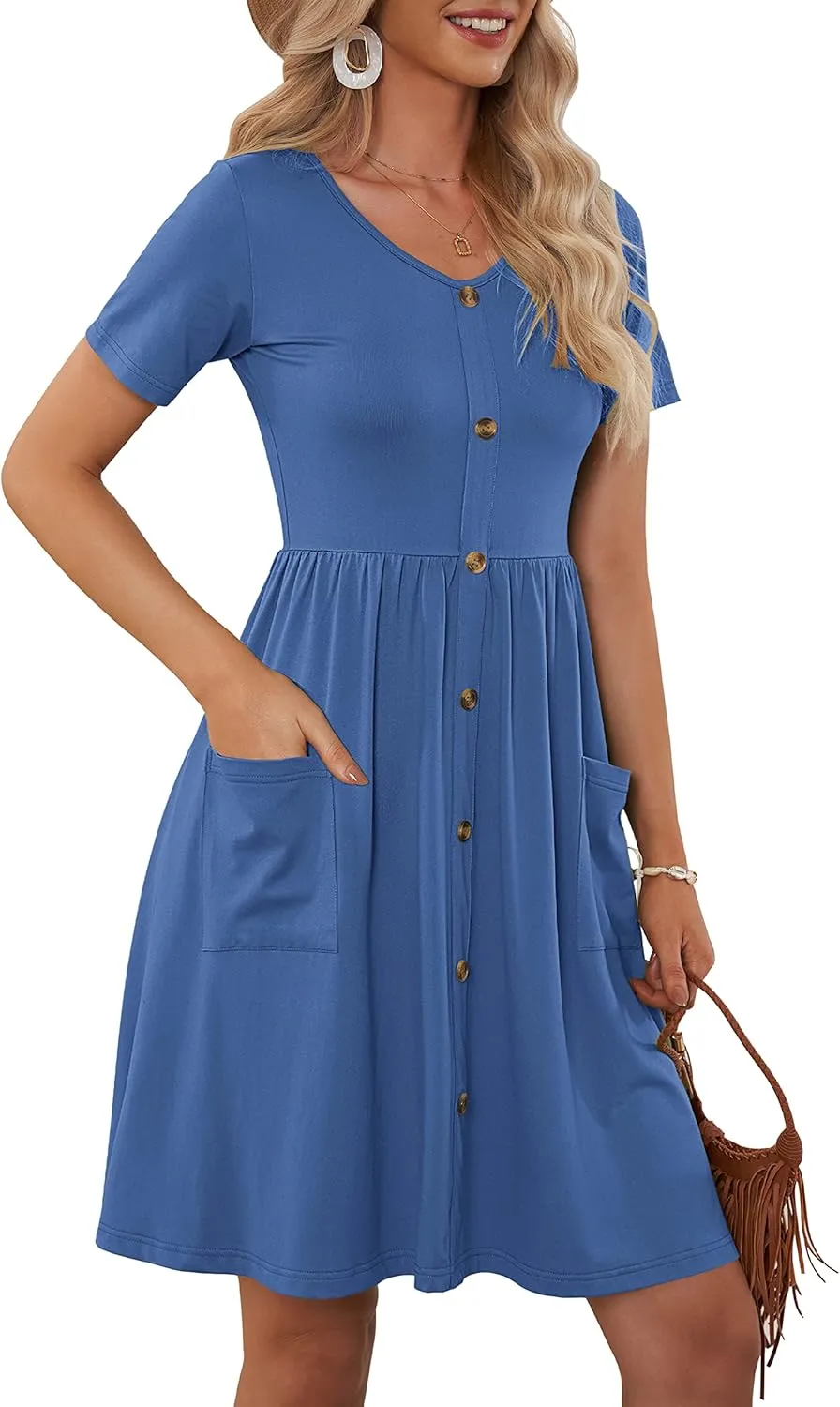 MOLERANI Women Summer Casual Short Sleeve V Neck Dresses Button Down Sundress Beach Vacation with Pockets Travel Outfits