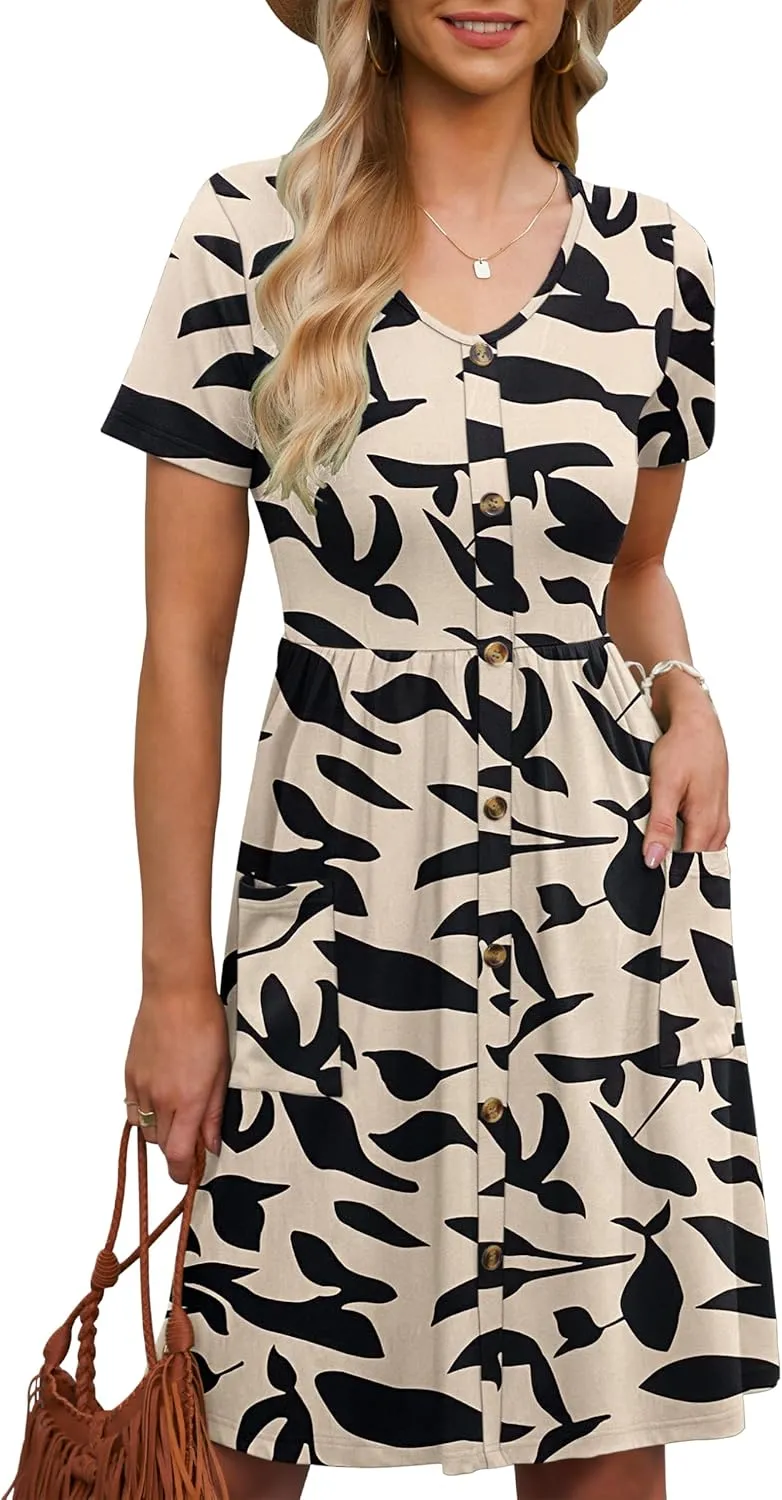 MOLERANI Women Summer Casual Short Sleeve V Neck Dresses Button Down Sundress Beach Vacation with Pockets Travel Outfits