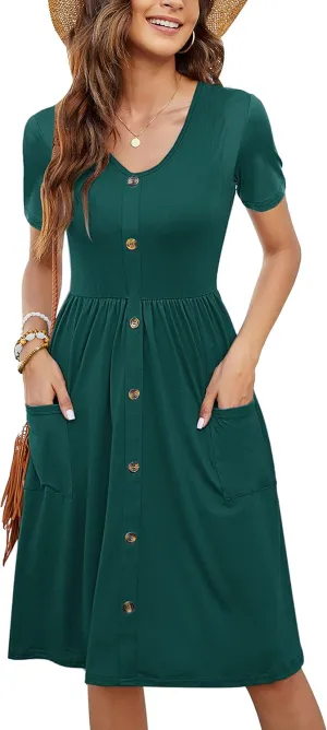 MOLERANI Women Summer Casual Short Sleeve V Neck Dresses Button Down Sundress Beach Vacation with Pockets Travel Outfits