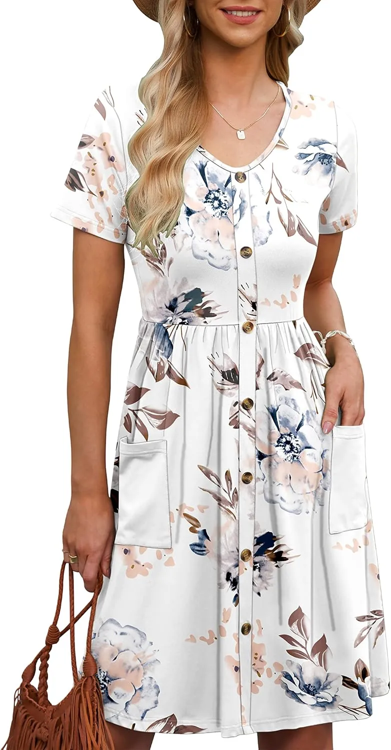 MOLERANI Women Summer Casual Short Sleeve V Neck Dresses Button Down Sundress Beach Vacation with Pockets Travel Outfits