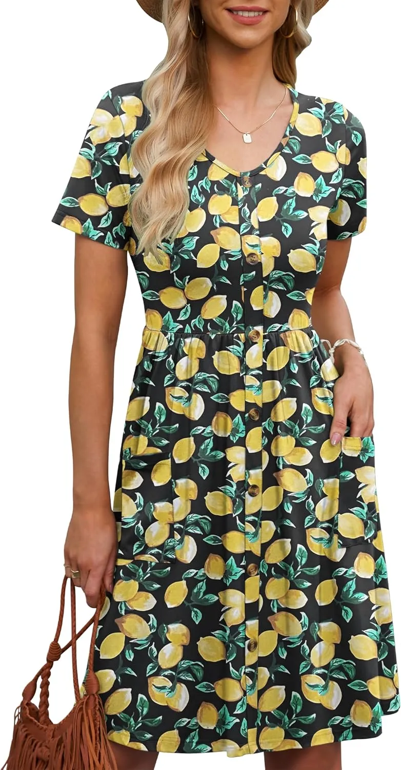 MOLERANI Women Summer Casual Short Sleeve V Neck Dresses Button Down Sundress Beach Vacation with Pockets Travel Outfits