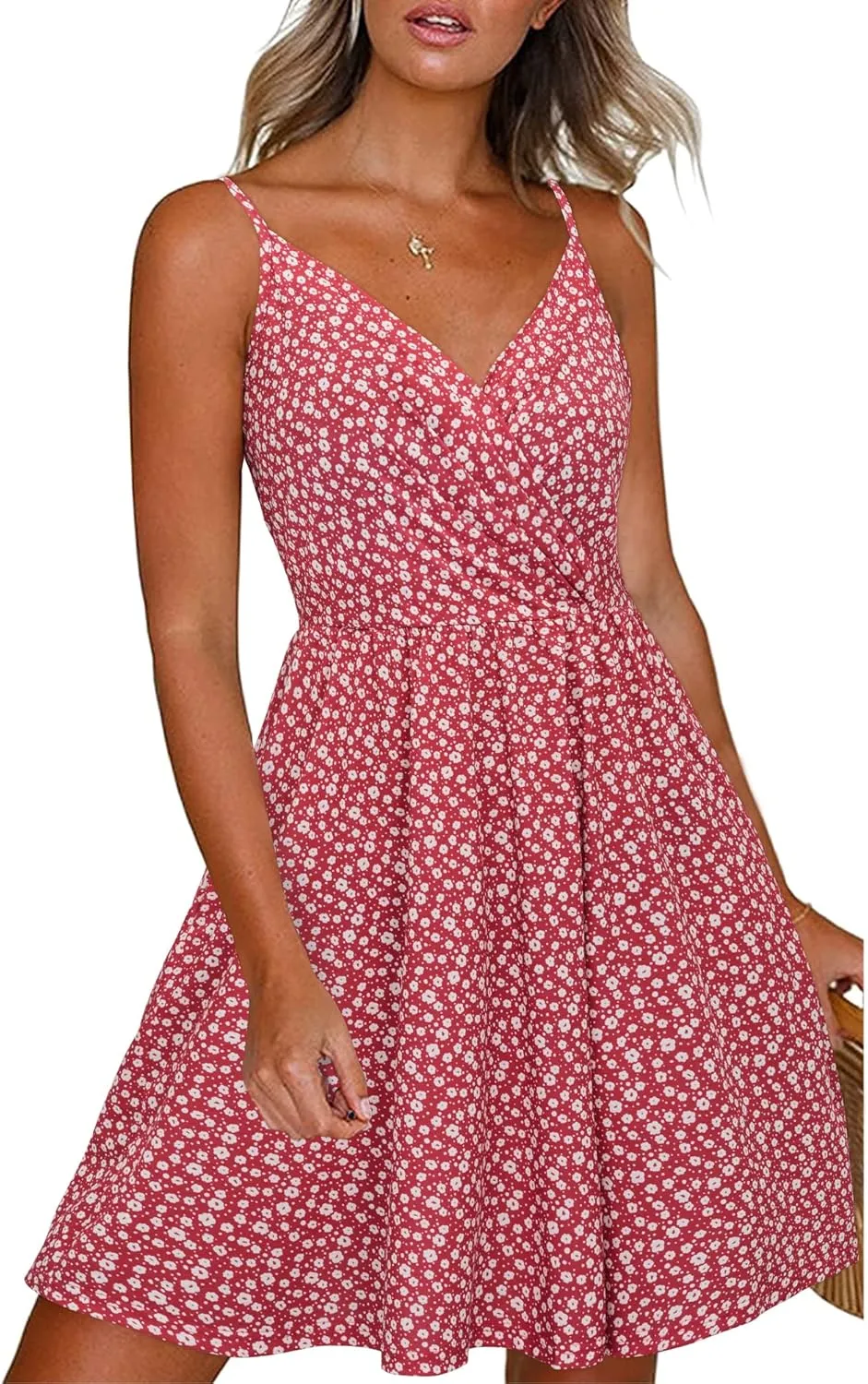 Newshows Women's Summer Dress 2025 Spaghetti Strap Sleeveless V Neck Casual Swing Sundress with Pockets