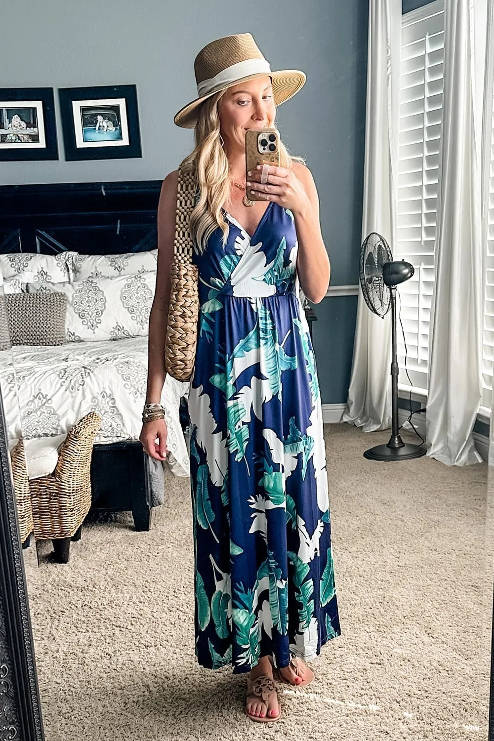 OUGES Womens Summer Maxi Dress V Neck Floral Adjustable Spaghetti Strap Beach Dresses with Pockets