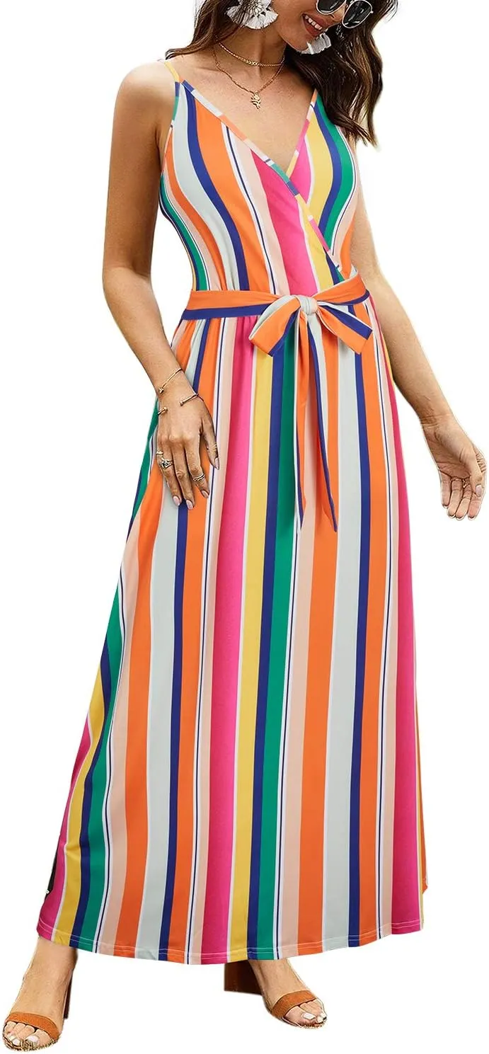 OUGES Womens Summer Maxi Dress V Neck Floral Adjustable Spaghetti Strap Beach Dresses with Pockets