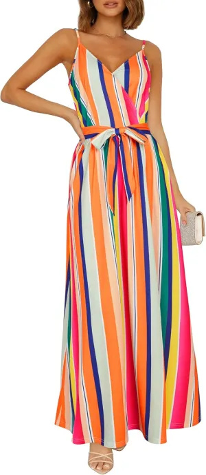 OUGES Womens Summer Maxi Dress V Neck Floral Adjustable Spaghetti Strap Beach Dresses with Pockets