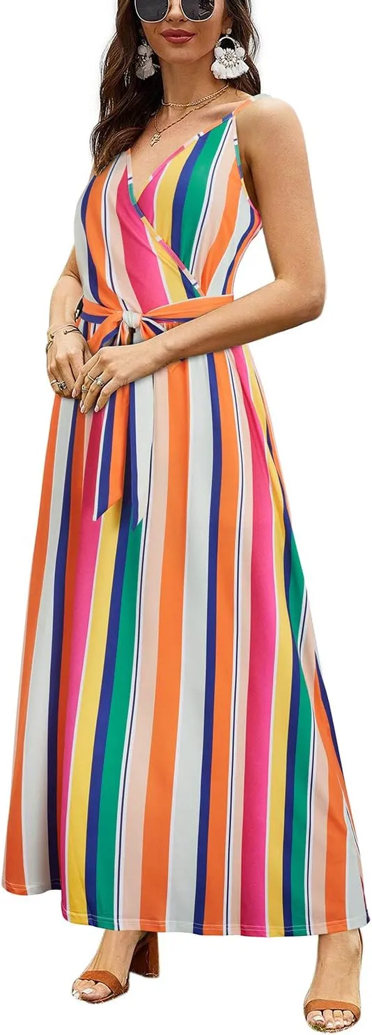 OUGES Womens Summer Maxi Dress V Neck Floral Adjustable Spaghetti Strap Beach Dresses with Pockets