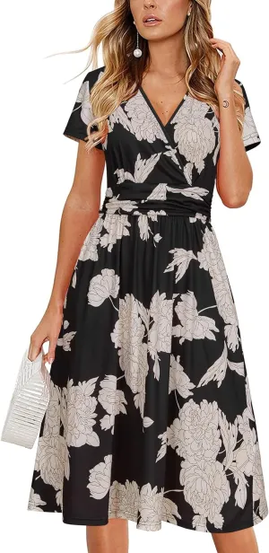 OUGES Women's Summer Short Sleeve V-Neck Floral Short Party Dress with Pockets