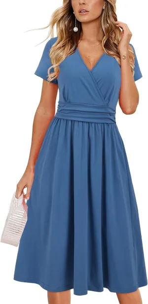 OUGES Women's Summer Short Sleeve V-Neck Floral Short Party Dress with Pockets