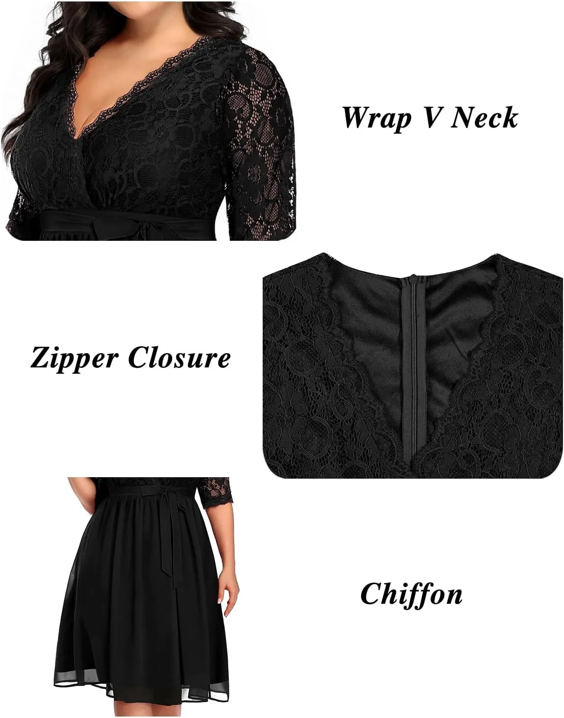 Pinup Fashion Plus Size Lace Chiffon Wrap V Neck Dresses Women Cocktail Wedding Guest Midi Dress