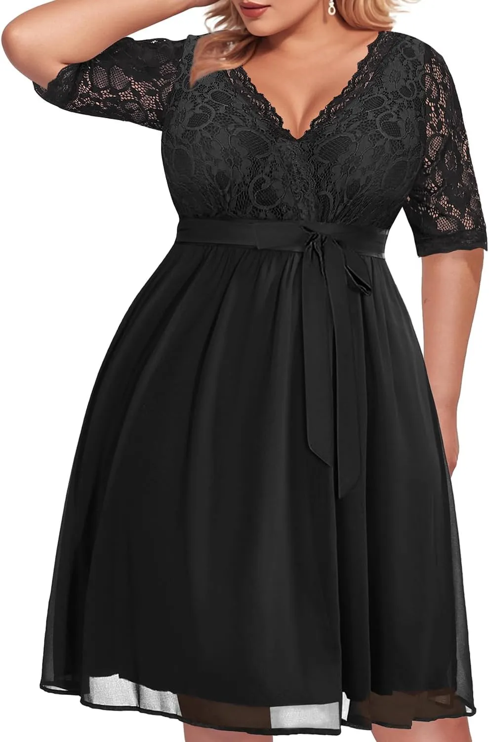 Pinup Fashion Plus Size Lace Chiffon Wrap V Neck Dresses Women Cocktail Wedding Guest Midi Dress