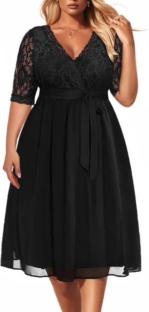 Pinup Fashion Plus Size Lace Chiffon Wrap V Neck Dresses Women Cocktail Wedding Guest Midi Dress