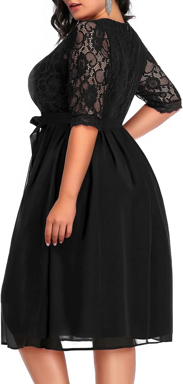 Pinup Fashion Plus Size Lace Chiffon Wrap V Neck Dresses Women Cocktail Wedding Guest Midi Dress