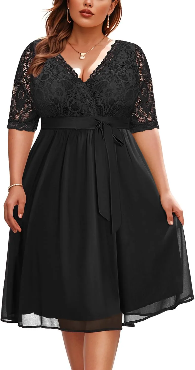 Pinup Fashion Plus Size Lace Chiffon Wrap V Neck Dresses Women Cocktail Wedding Guest Midi Dress