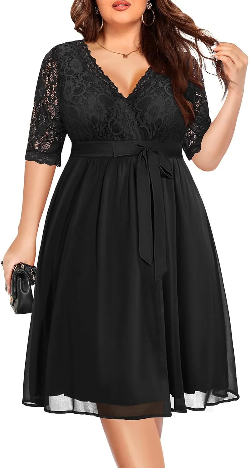 Pinup Fashion Plus Size Lace Chiffon Wrap V Neck Dresses Women Cocktail Wedding Guest Midi Dress