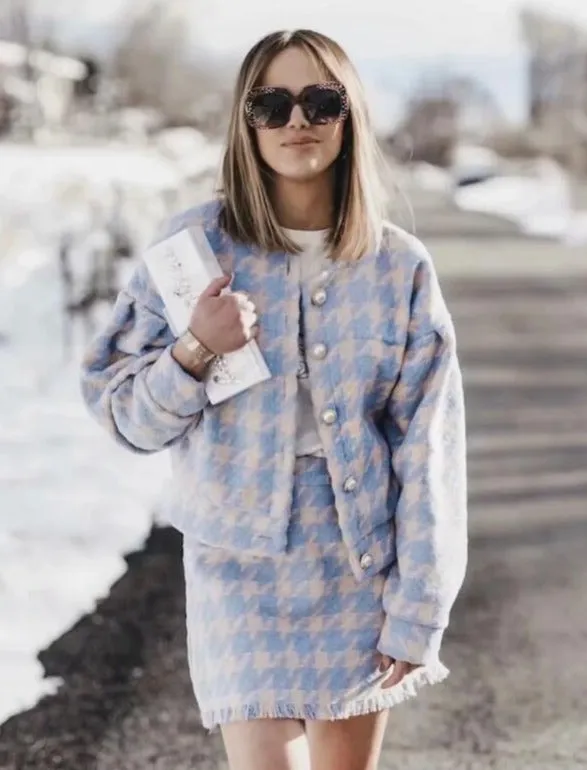 Plaid Kostuum - Dames - Stijlvolle en Comfortabele Wollen Mix met Slim Fit Pasvorm