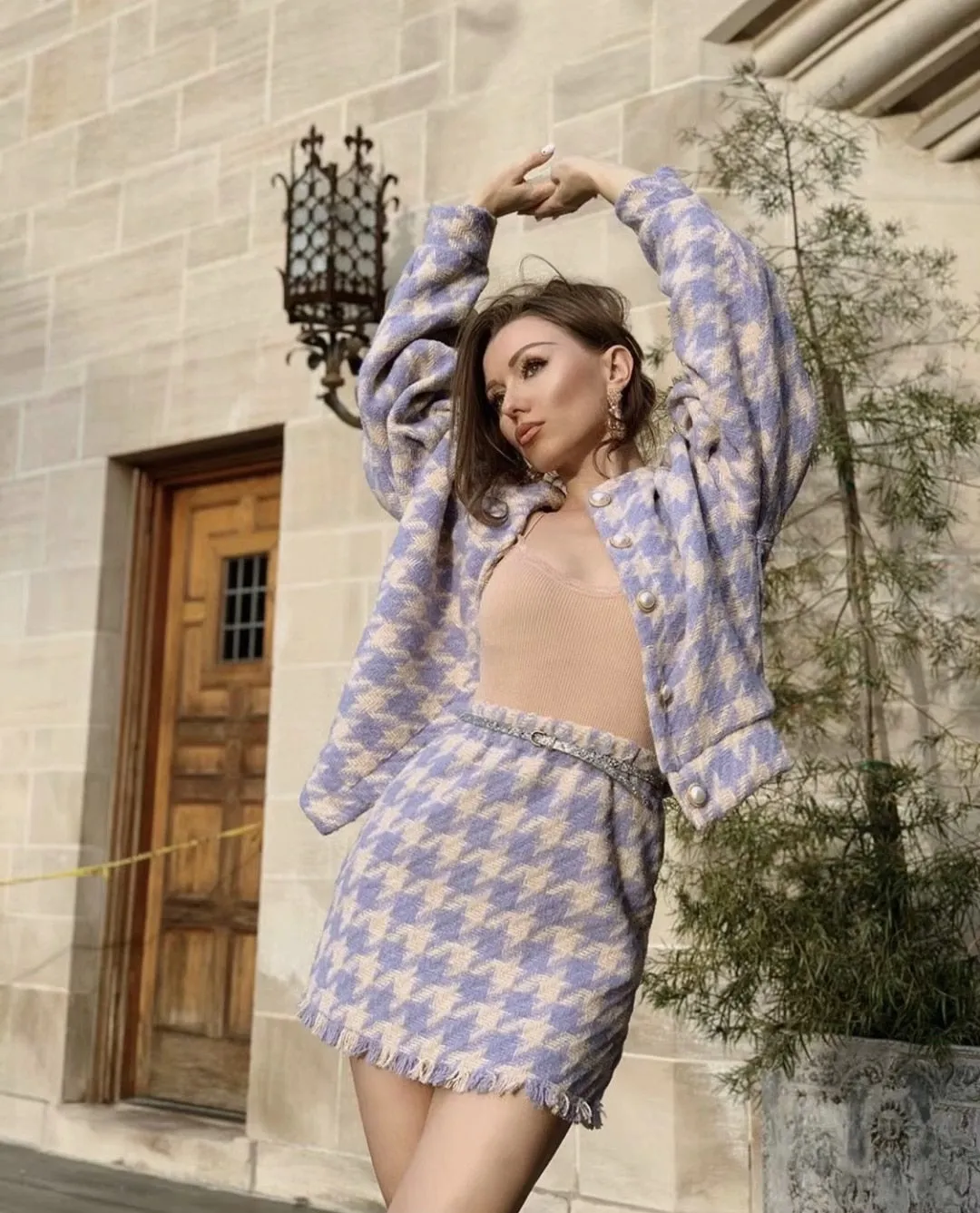 Plaid Kostuum - Dames - Stijlvolle en Comfortabele Wollen Mix met Slim Fit Pasvorm