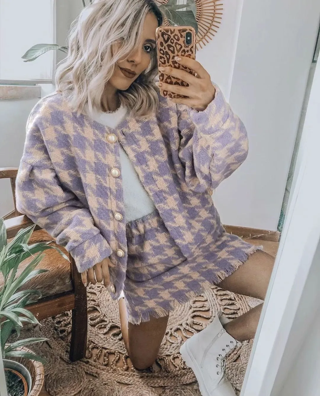 Plaid Kostuum - Dames - Stijlvolle en Comfortabele Wollen Mix met Slim Fit Pasvorm