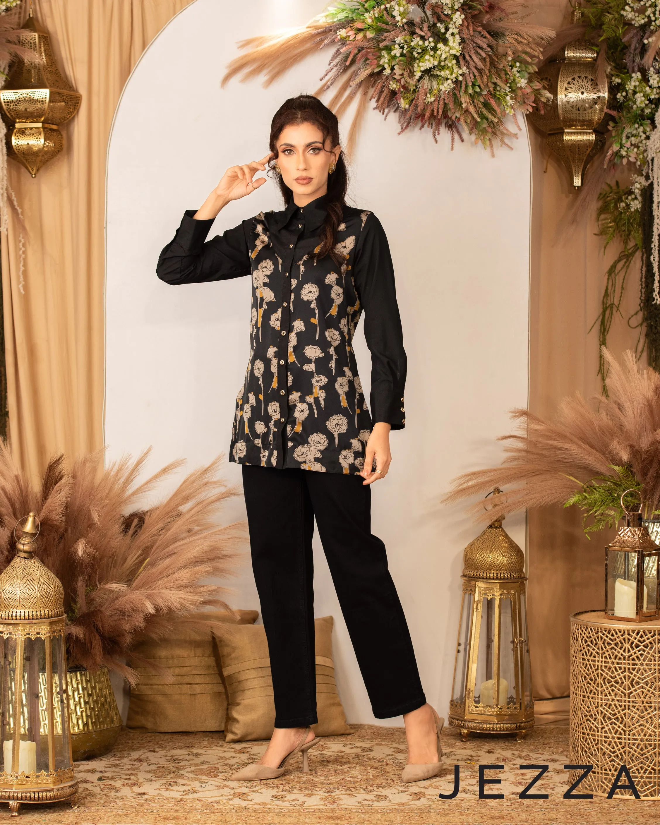 Printed Polyester & Twill Button-Down Top 59782