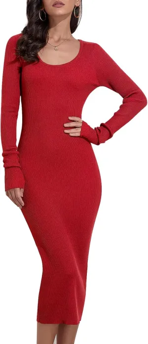 Rocorose Women's Crewneck Pullover Sweater Dress Elasticity Slim Fit Sweater Knitted Bodycon Dresses
