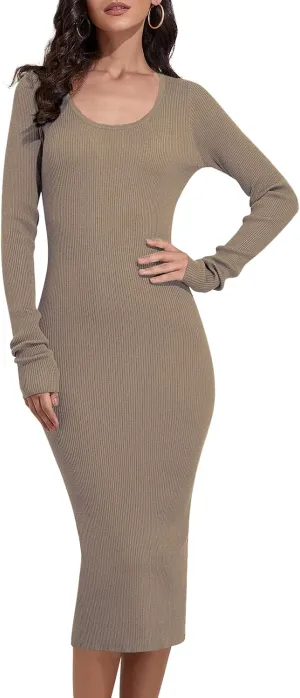Rocorose Women's Crewneck Pullover Sweater Dress Elasticity Slim Fit Sweater Knitted Bodycon Dresses