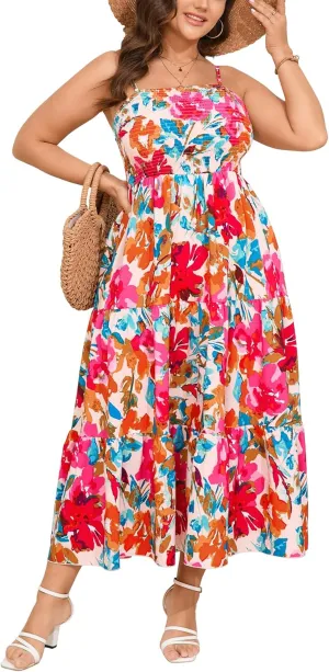SCOMCHIC Women's Plus Size Summer Maxi Dress Sleeveless Spaghetti Strap Smocked Casual Boho Tiered Long Beach Sun Dresses