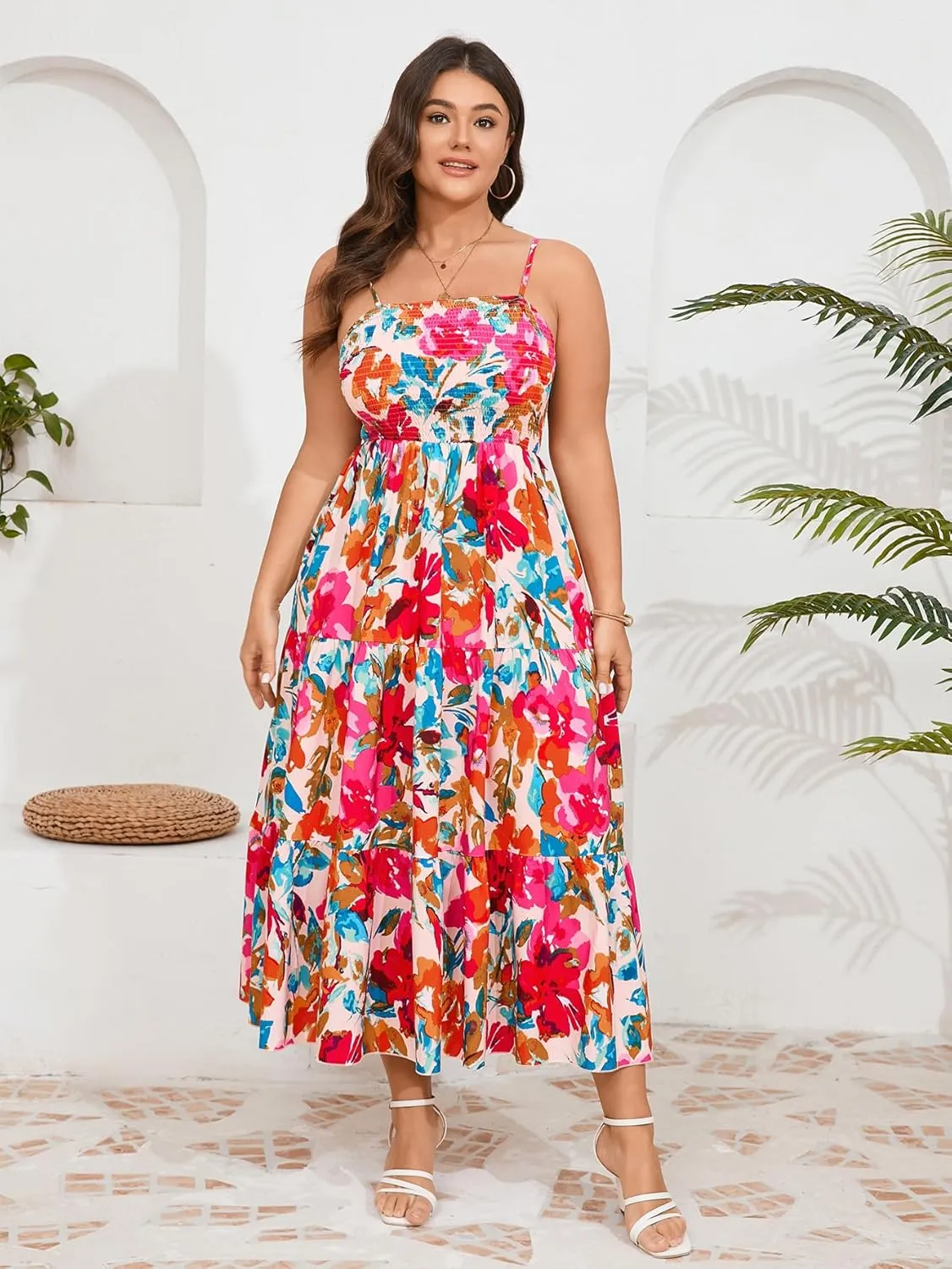SCOMCHIC Women's Plus Size Summer Maxi Dress Sleeveless Spaghetti Strap Smocked Casual Boho Tiered Long Beach Sun Dresses
