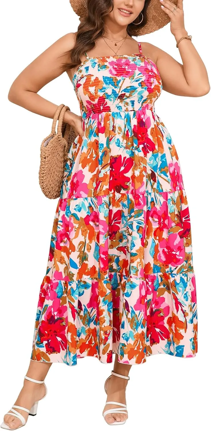 SCOMCHIC Women's Plus Size Summer Maxi Dress Sleeveless Spaghetti Strap Smocked Casual Boho Tiered Long Beach Sun Dresses