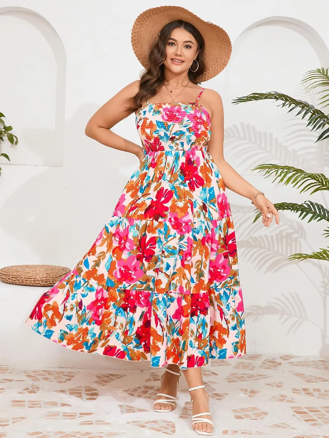 SCOMCHIC Women's Plus Size Summer Maxi Dress Sleeveless Spaghetti Strap Smocked Casual Boho Tiered Long Beach Sun Dresses