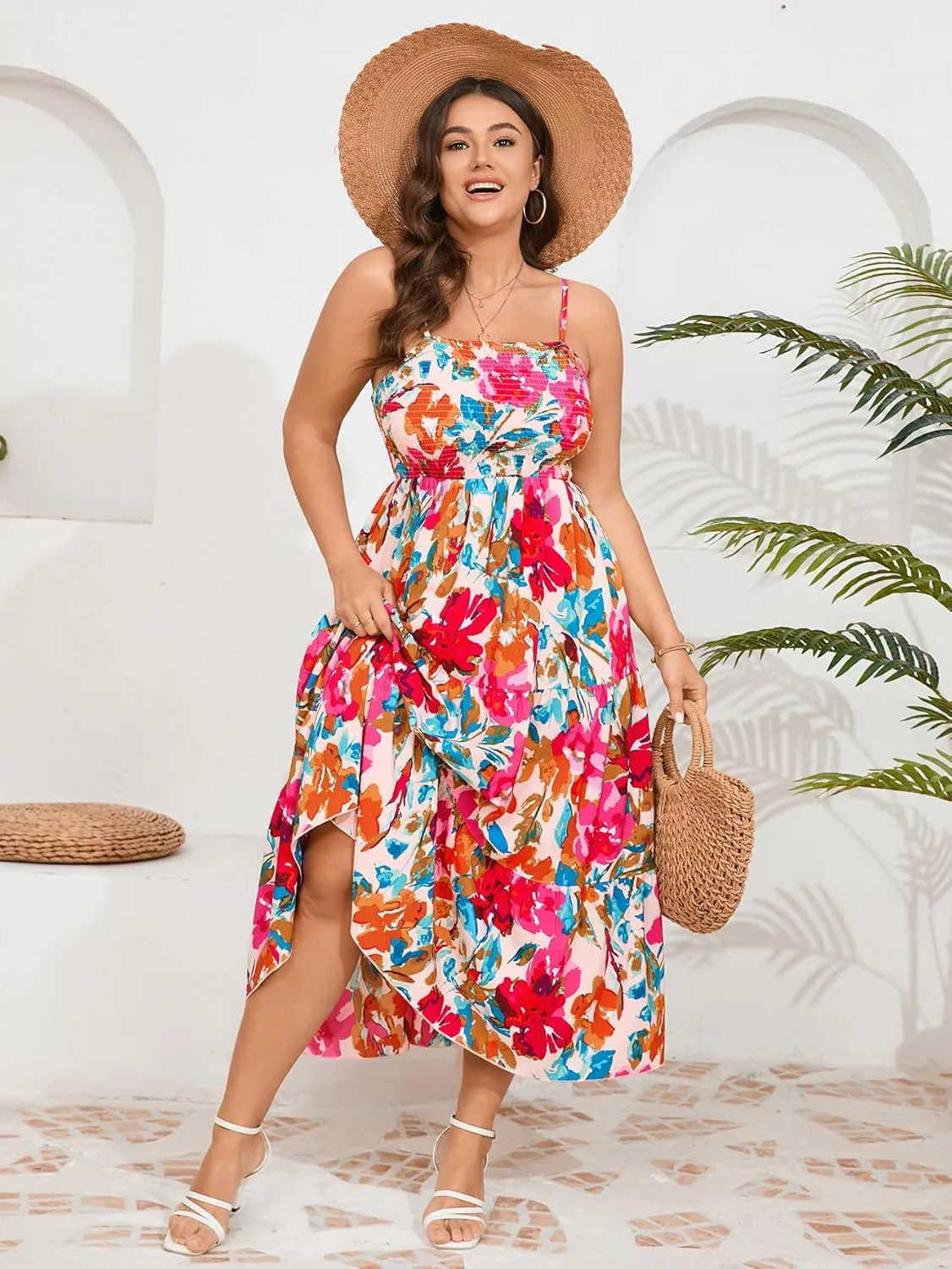 SCOMCHIC Women's Plus Size Summer Maxi Dress Sleeveless Spaghetti Strap Smocked Casual Boho Tiered Long Beach Sun Dresses